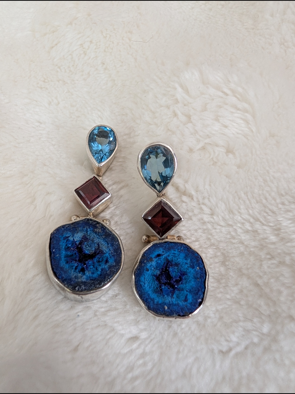 Sterling Silver Blue Druzy, Garnet & Blue Topaz Drop Earrings | Artisan Gemstone